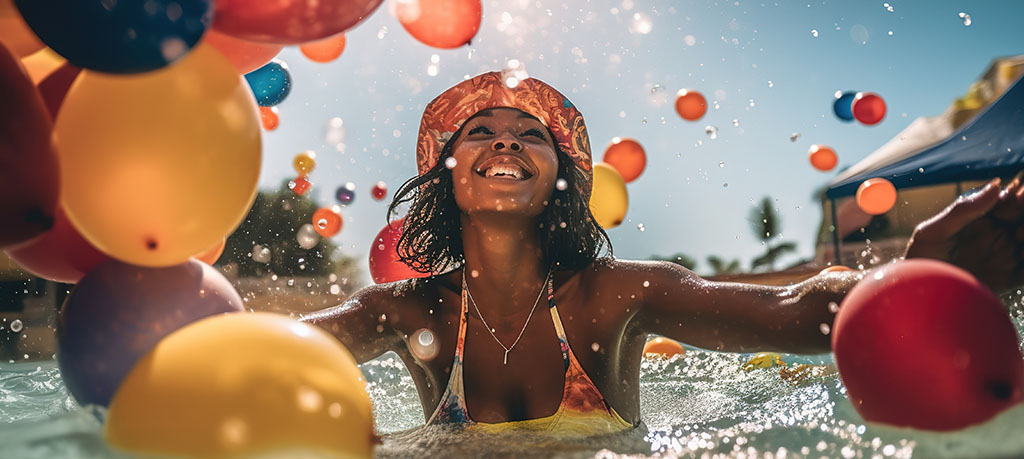Why can't I wear contacts in the pool? Black woman in a sunhat and multi colored swimsuit in a pool surrounded by balloons.